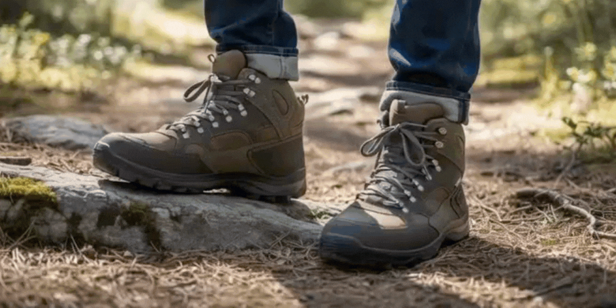  Mezczyzna_prezentujacy_buty_trekkingowe_na_szerokie_stopy_spaceruje_po_lesie