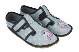 Kapcie z jednorożcem barefoot elastyczne ze skórzaną wkładką lekkie zmienne Raweks Zuzia 01 kapcie na rzepy do przedszkola