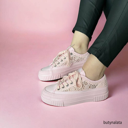 Koronkowe trampki Lee Cooper LCW-24-02-2107L różowe gruba podeszwa ażurowe buty na platformie